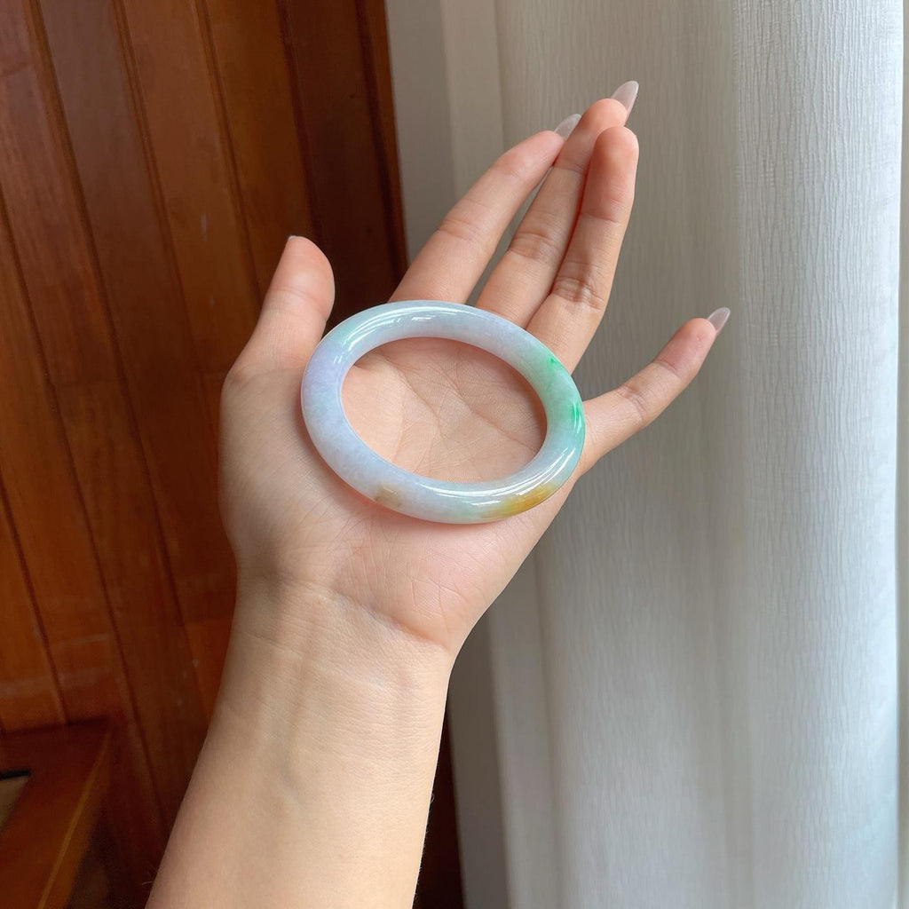 糯冰黄加绿翡翠圆条手镯（53.2mm）（yc310619）