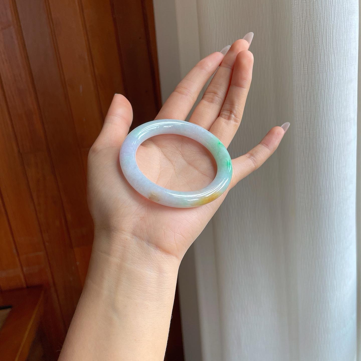 糯冰黄加绿翡翠圆条手镯（53.2mm）（yc310619）