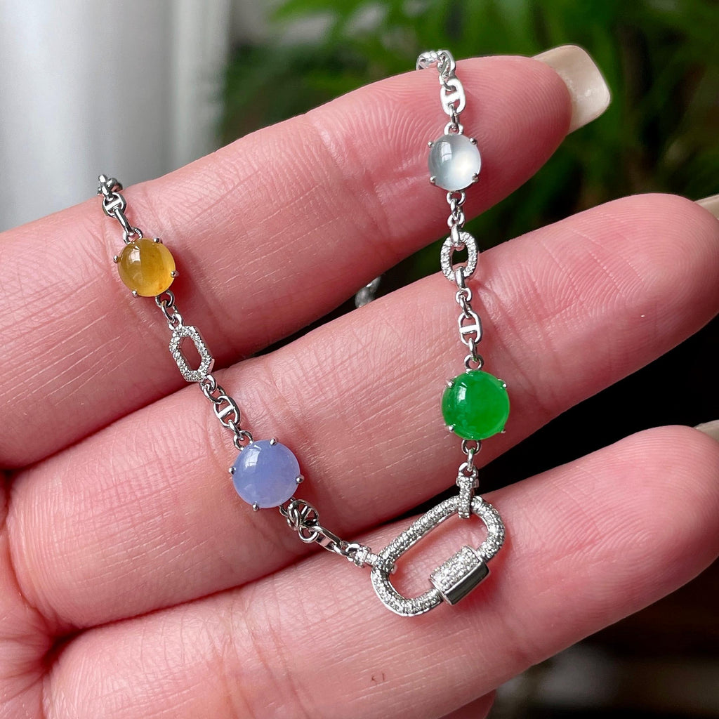18K金钻镶糯冰种多彩蛋面万能项链 天然缅甸A货翡翠（yc468023）