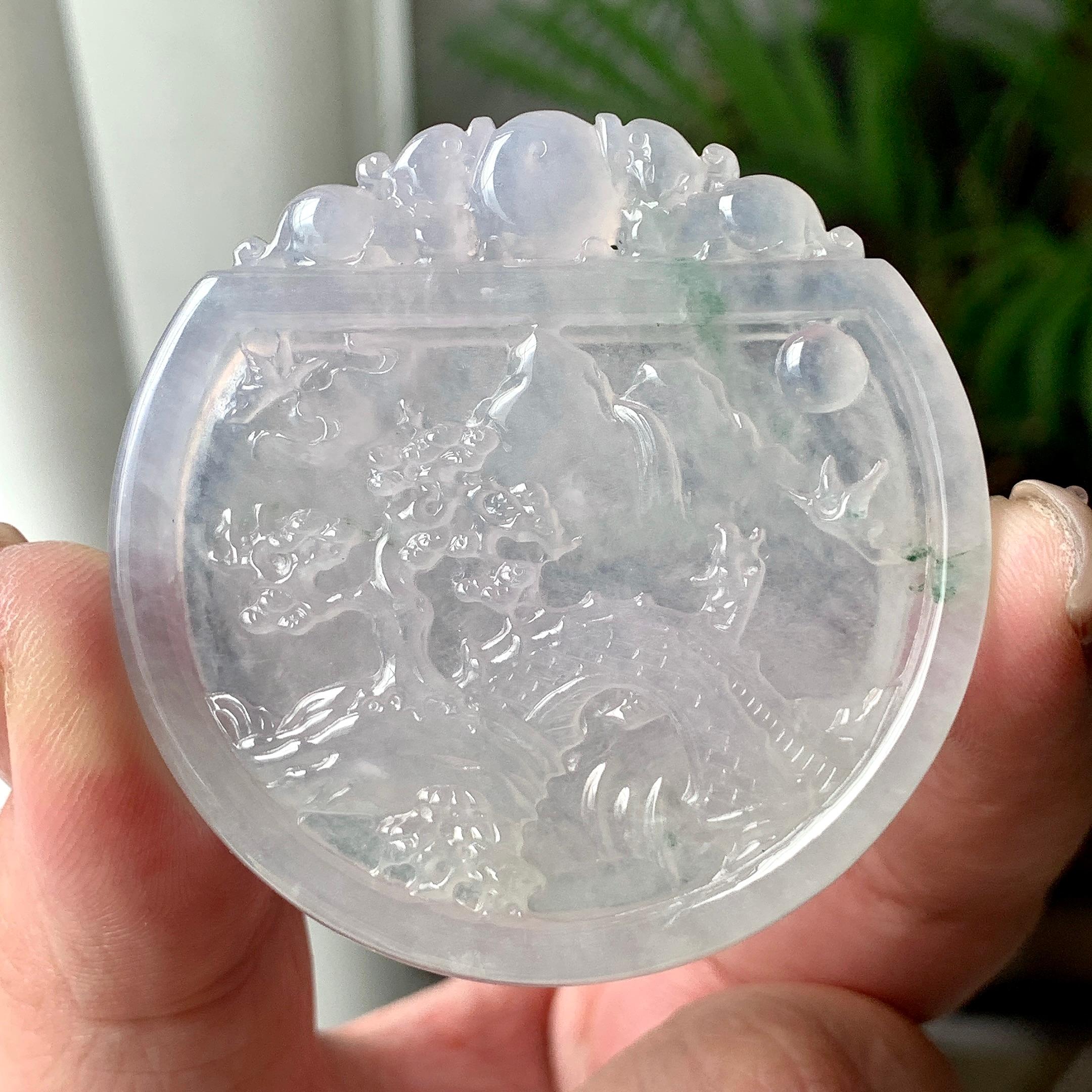 糯冰种飘花山水牌挂件  天然缅甸A货翡翠（yc447386）