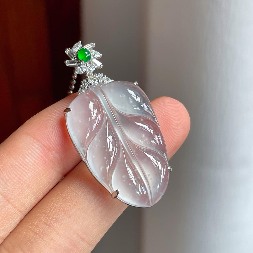 18k金镶冰玻种无色雪花棉翡翠叶子（yc250571）