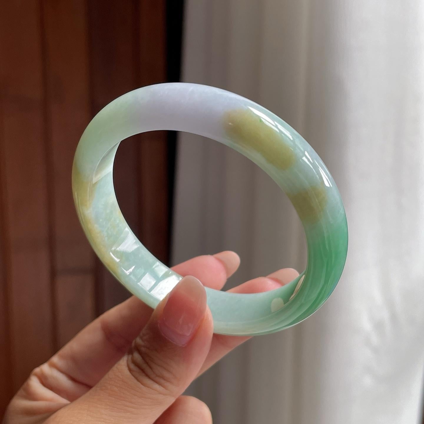 细糯冰带色特色正圈平安镯 53圈 天然缅甸A货翡翠（yc693814）