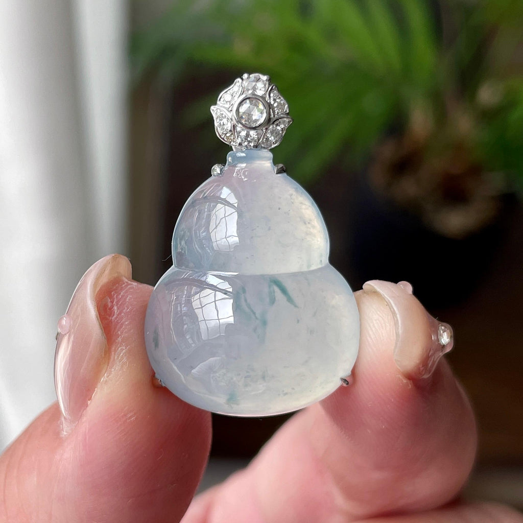 18K金钻镶糯冰种飘蓝花葫芦吊坠  天然缅甸A货翡翠（yc457086）