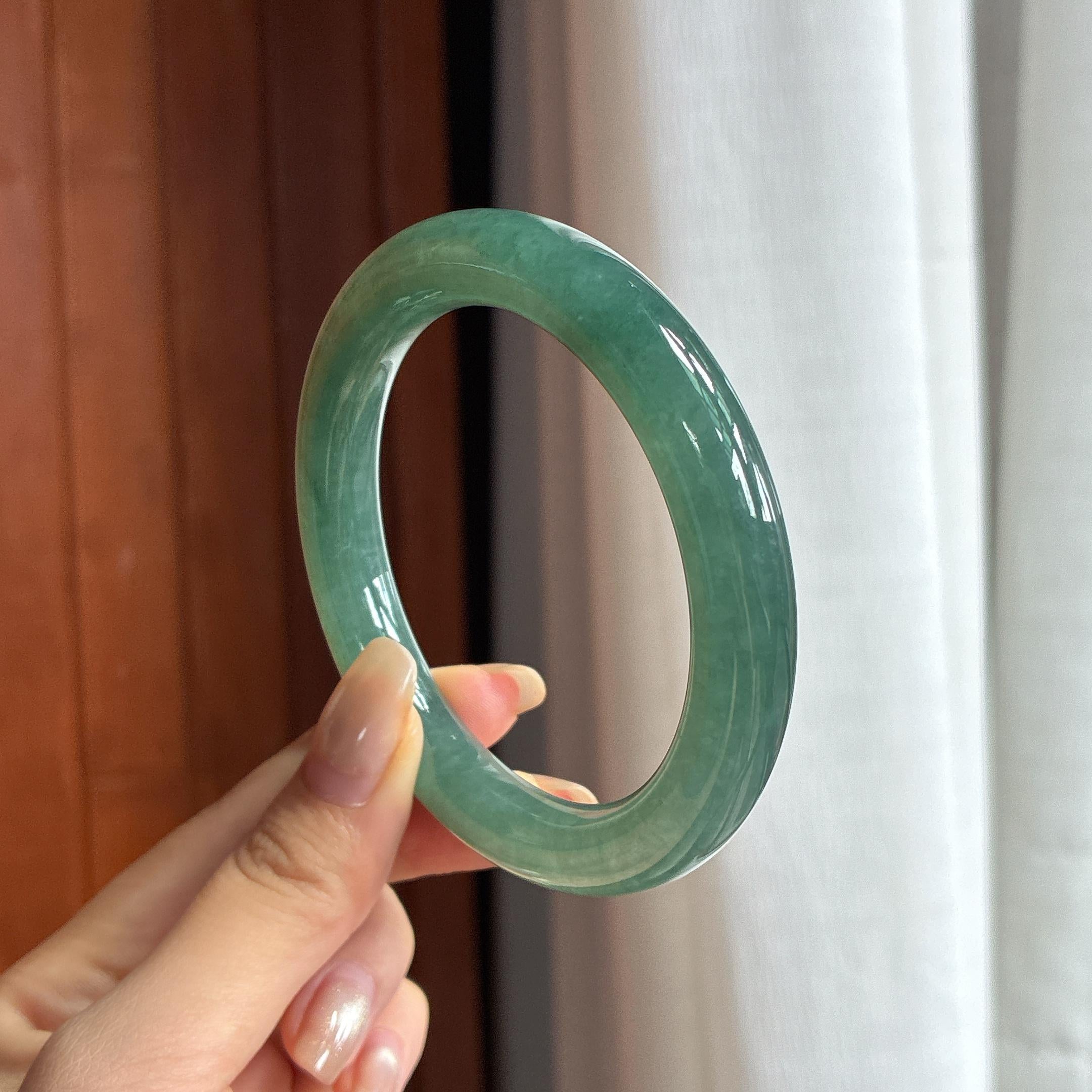 大圈口 糯冰油青圆条手镯 59圈 天然缅甸A货翡翠（yc457213）