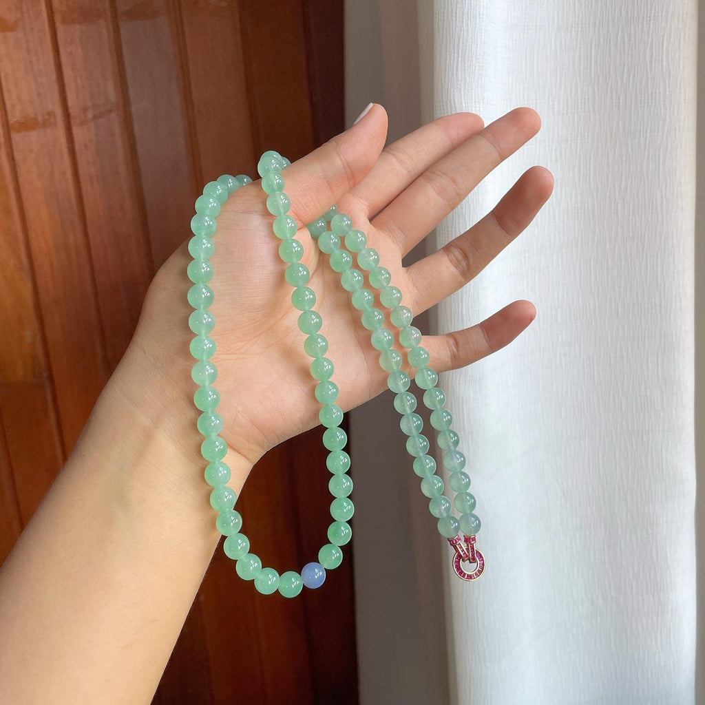 冰种晴绿底翡翠珠串项链（yc247175）