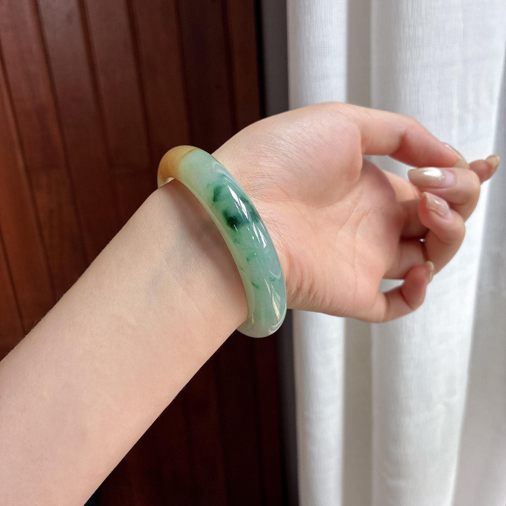 特色 糯冰飘花带黄翡正圈平安镯 54圈 天然缅甸A货翡翠（yc467565）