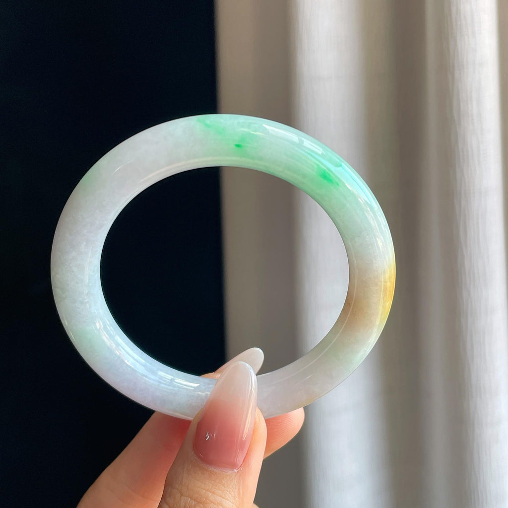糯冰黄加绿翡翠圆条手镯（53mm）（yc295022）