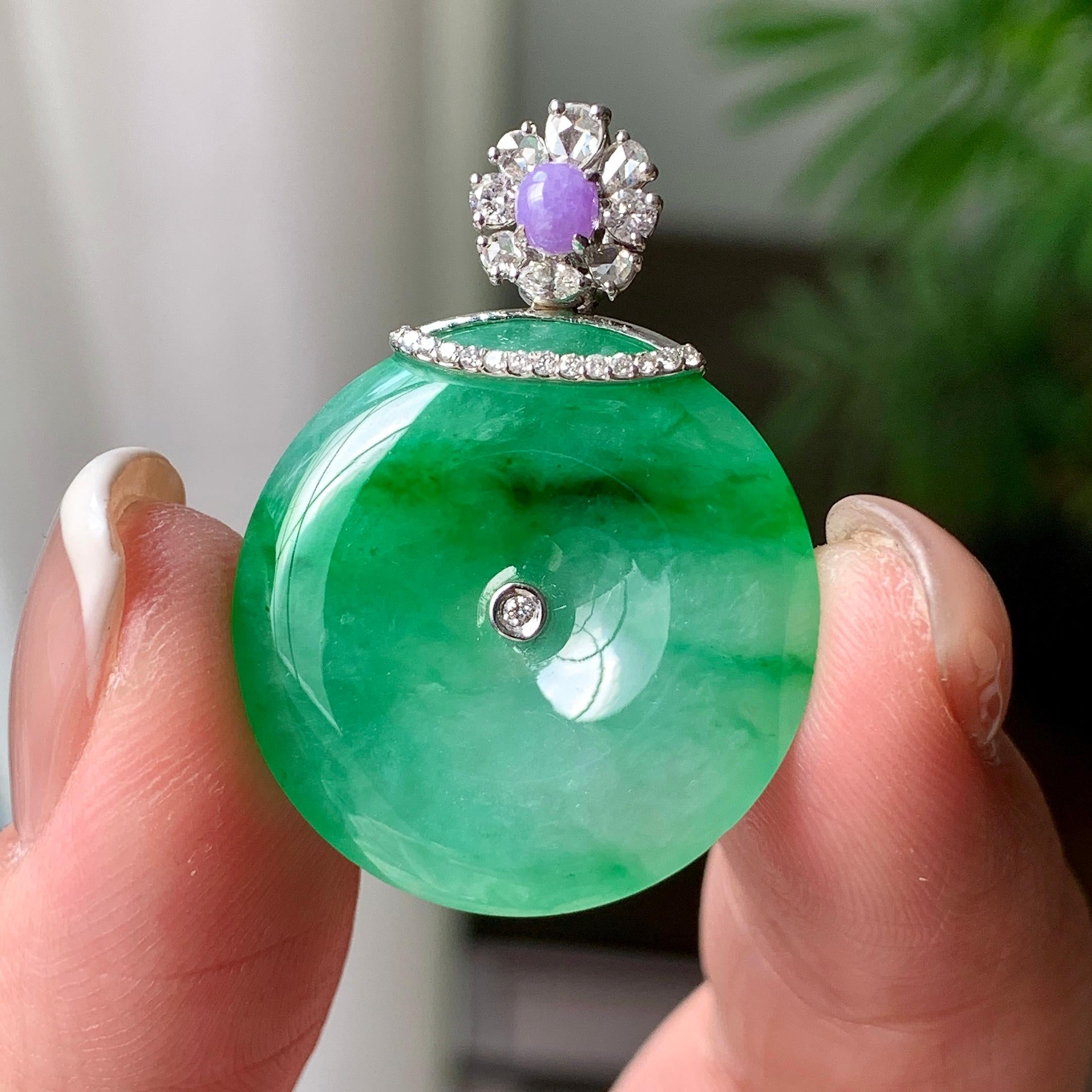 18K金钻镶糯冰种飘绿花平安扣吊坠  天然缅甸A货翡翠（yc362088）