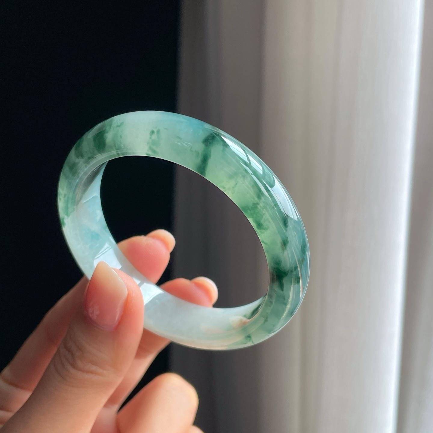 冰种水墨花翡翠平安镯（51.6mm）（yc403443）