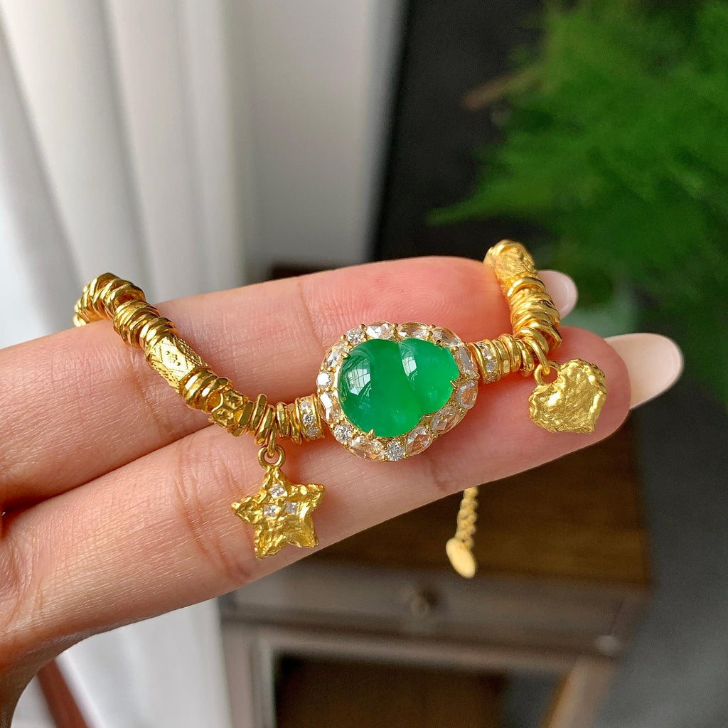 足金钻镶糯冰种满绿葫芦手链（yc192456）