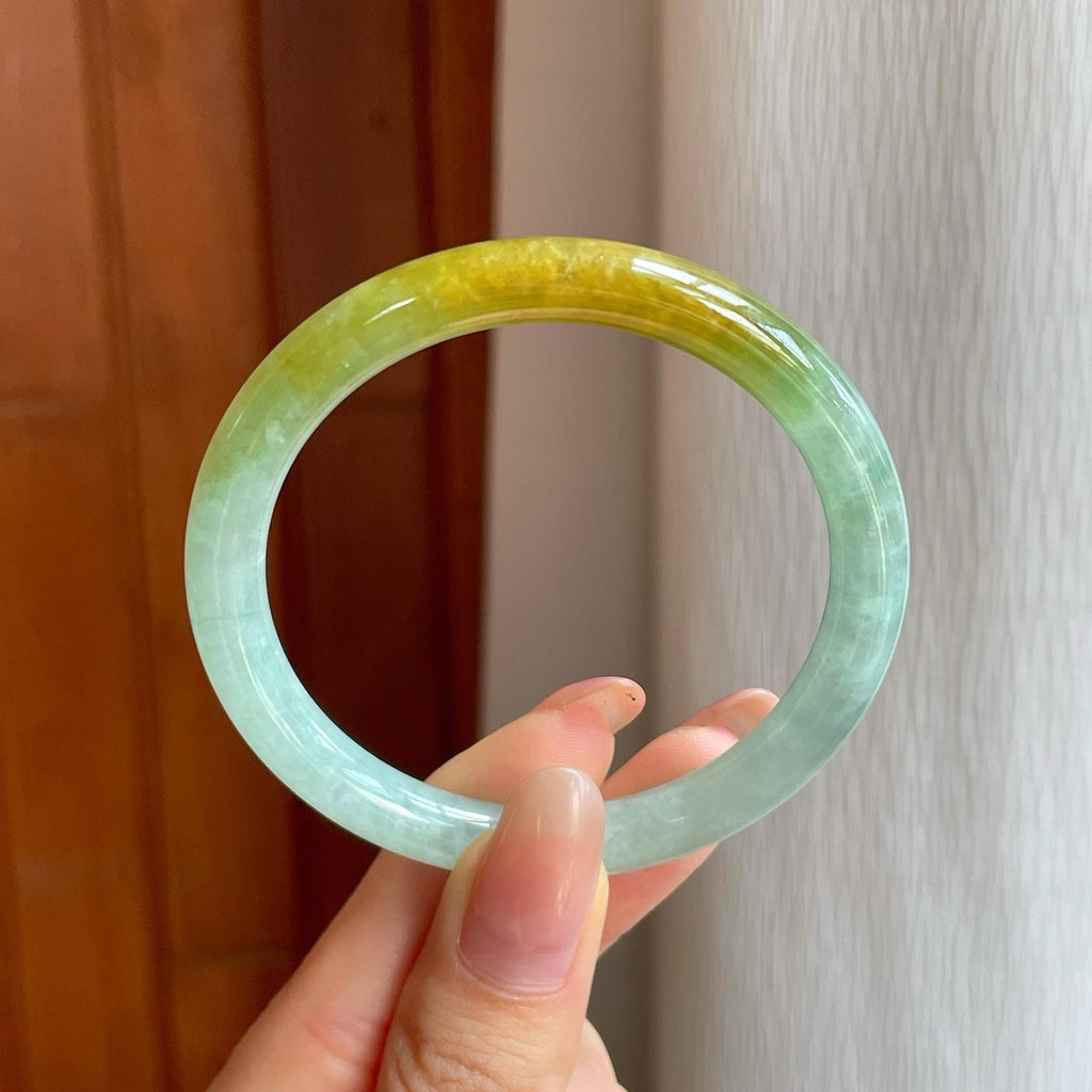 糯冰黄加绿翡翠圆条手镯（52mm)（yc365769）