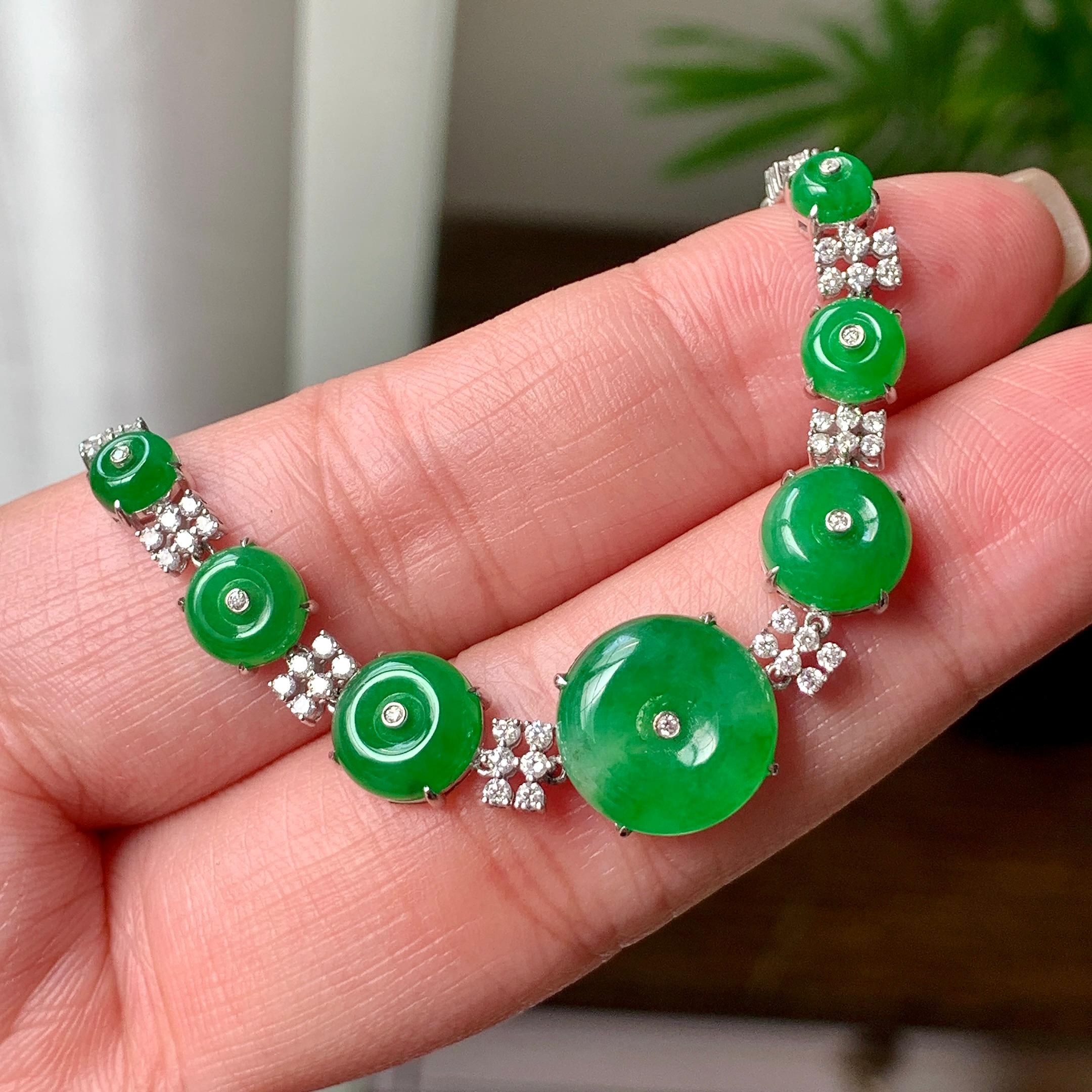 18K金钻镶糯冰种满绿平安扣手链  天然缅甸A货翡翠（yc362104）