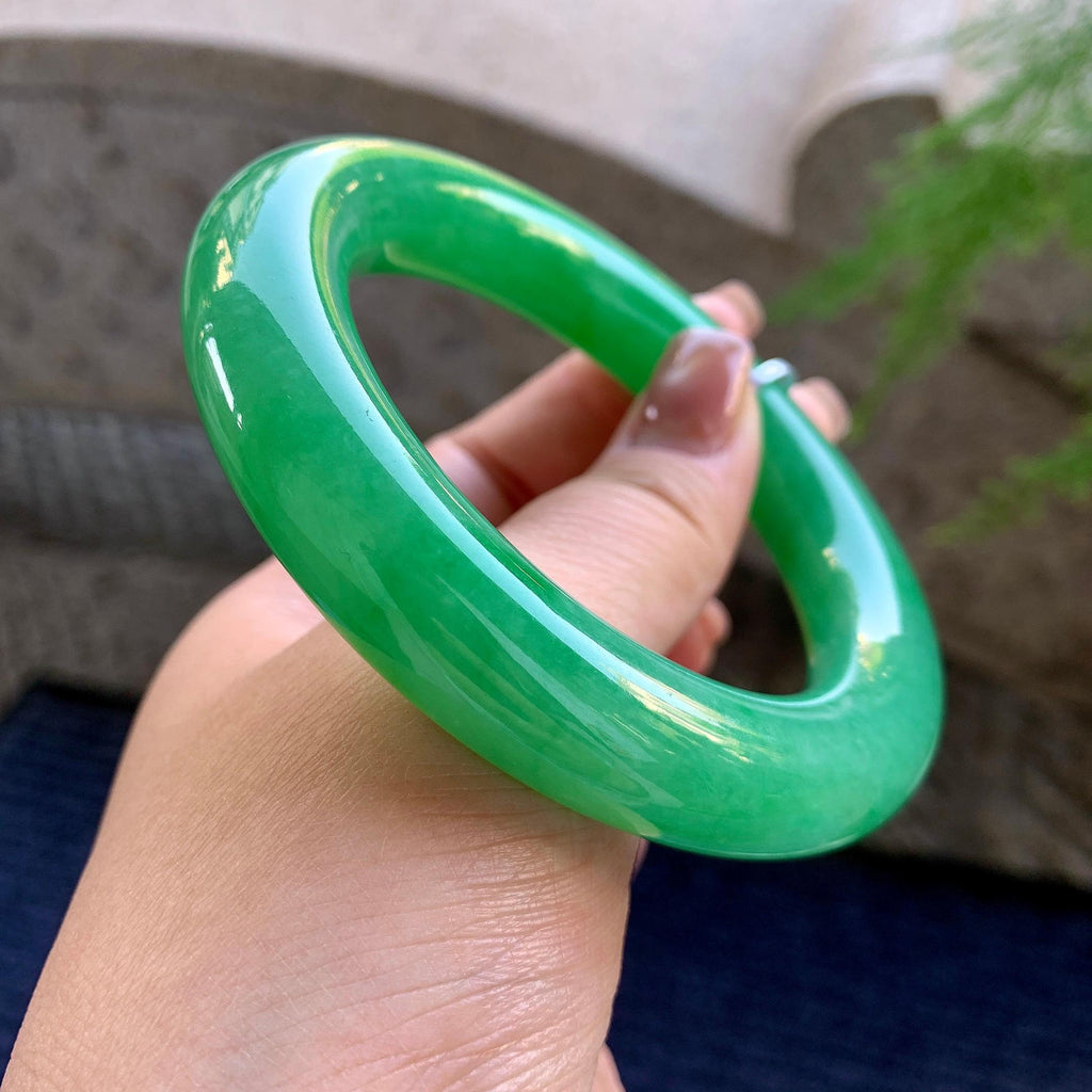 大圈口 细糯种满绿圆条手镯 60.7圈口 天然缅甸A货翡翠（yc351355）