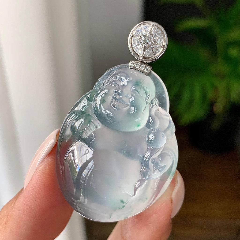 18k金钻镶冰种飘花佛公挂件（yc214654）
