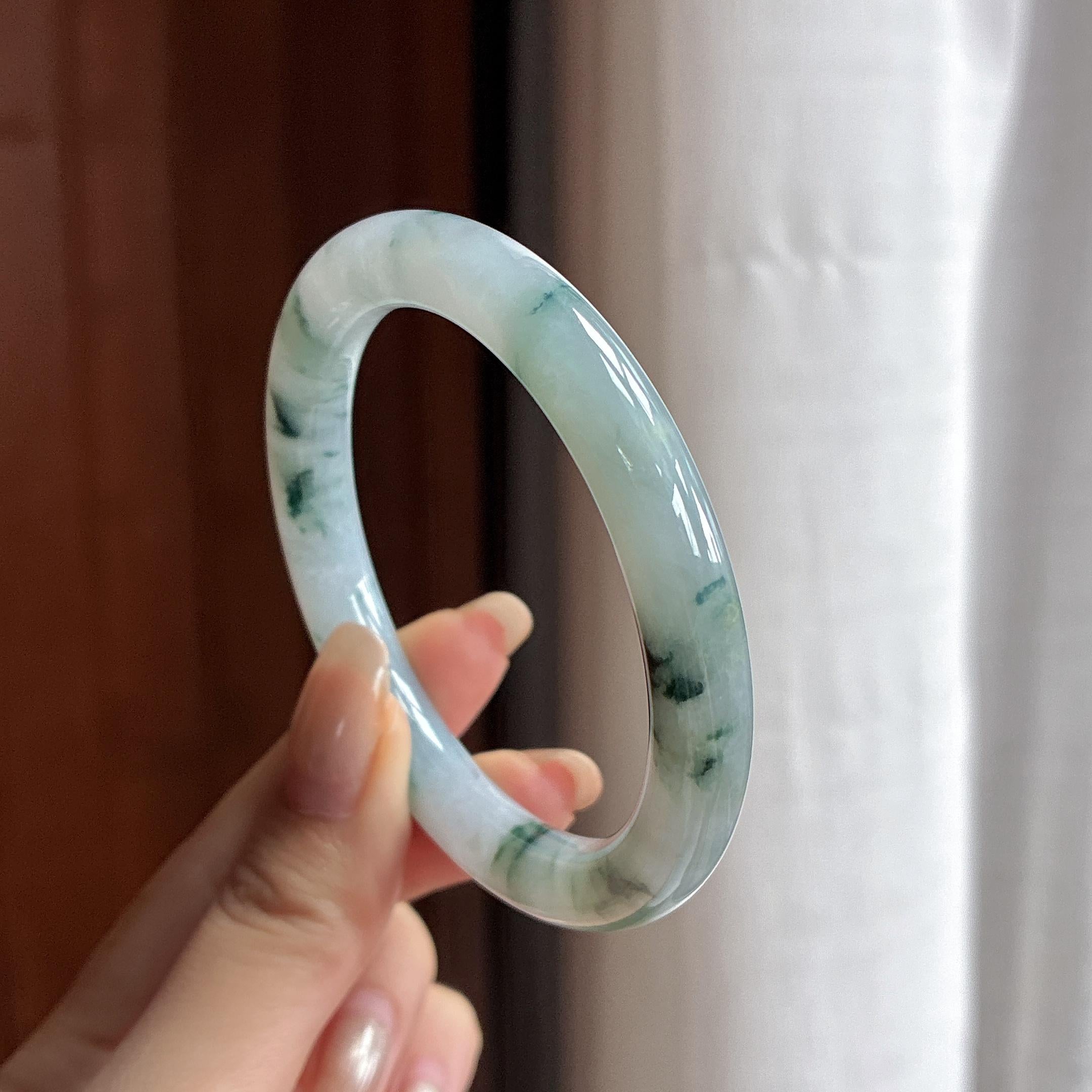 细糯种飘花圆条手镯 54圈 天然缅甸A货翡翠（yc458009）