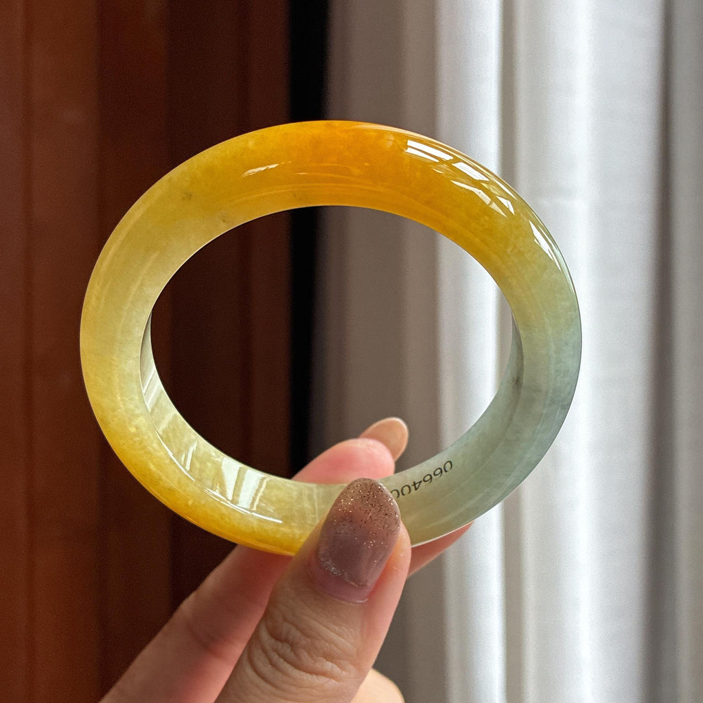 Vòng tay ngọc bích màu vàng đá bán trong suốt, kiểu tròn bình an, size 58, ngọc bích Myanmar tự nhiên loại A (yc451504)