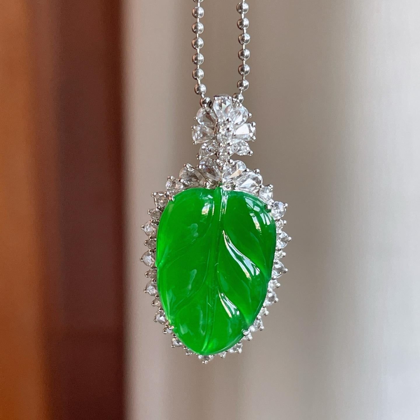 18k金镶冰种满绿翡翠叶子（yc246210）