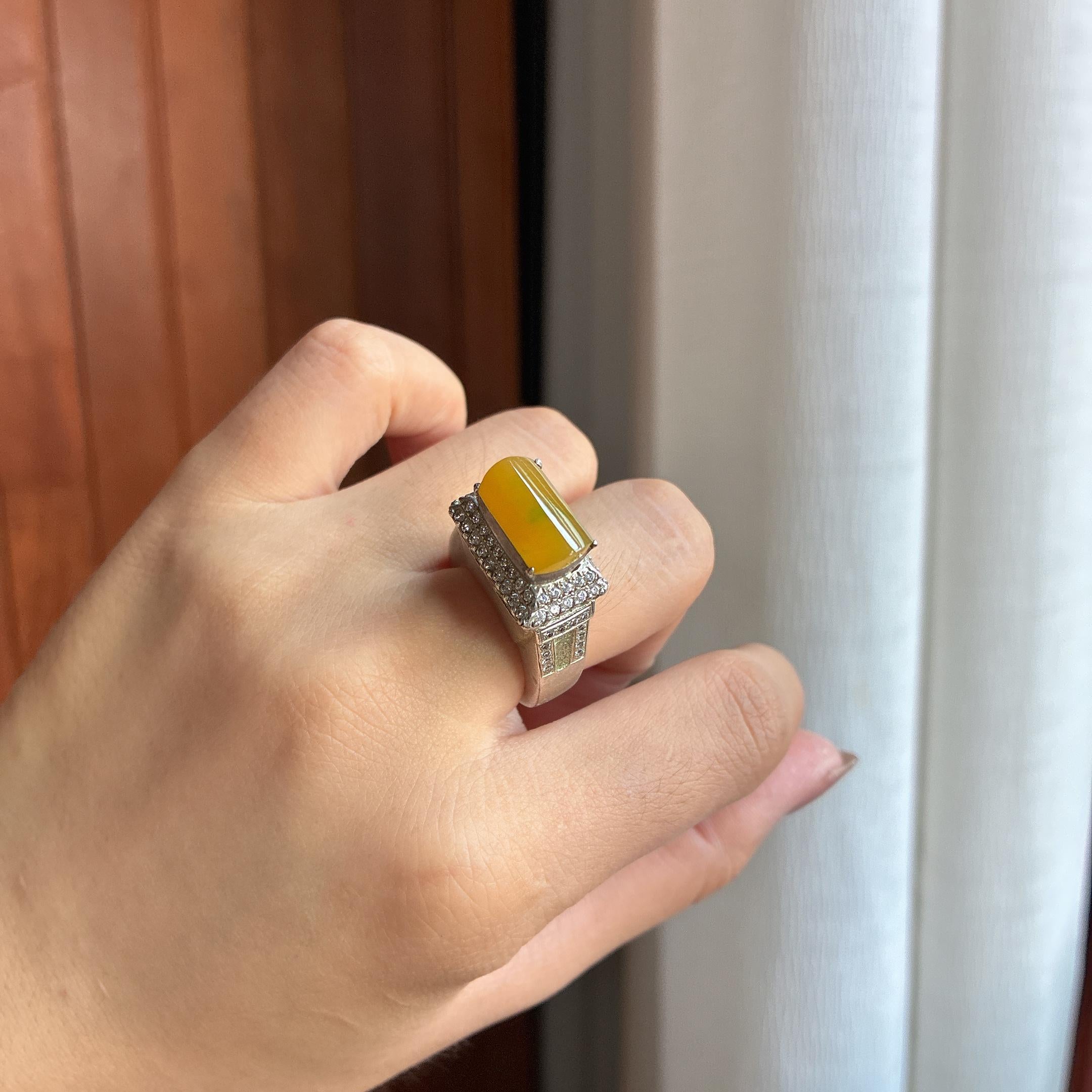 铜托糯冰黄翡飘花马鞍戒面天然缅甸A货翡翠（yc440731）