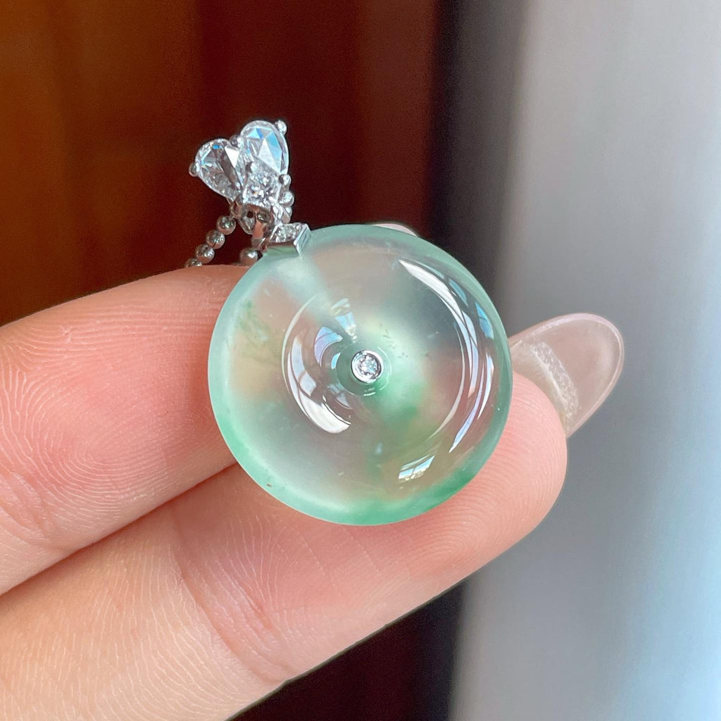 18k金扣冰种飘绿花翡翠平安扣（yc241856）