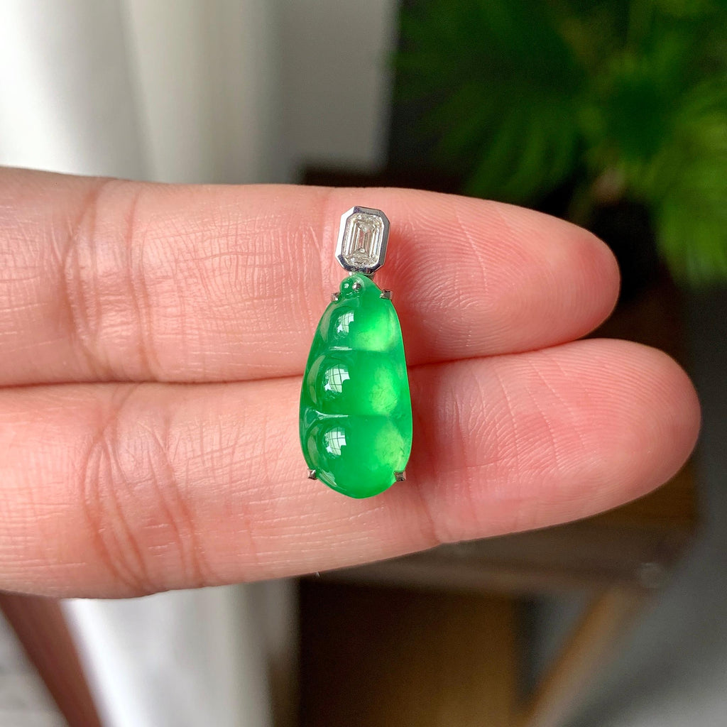 18K金钻镶冰种满绿福豆吊坠（yc257221）