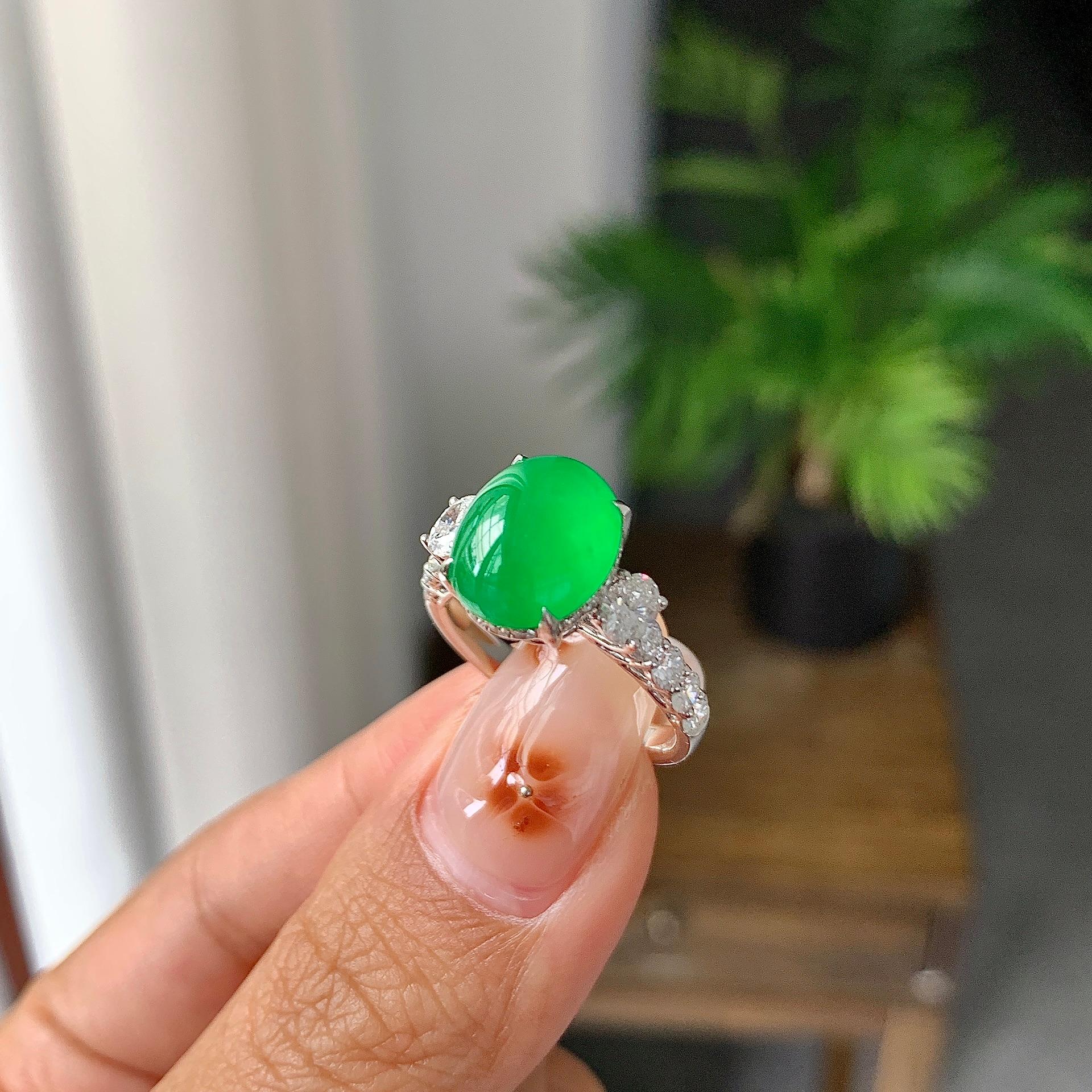 18k金钻镶冰种满绿蛋面戒指（两用款）（yc257225）