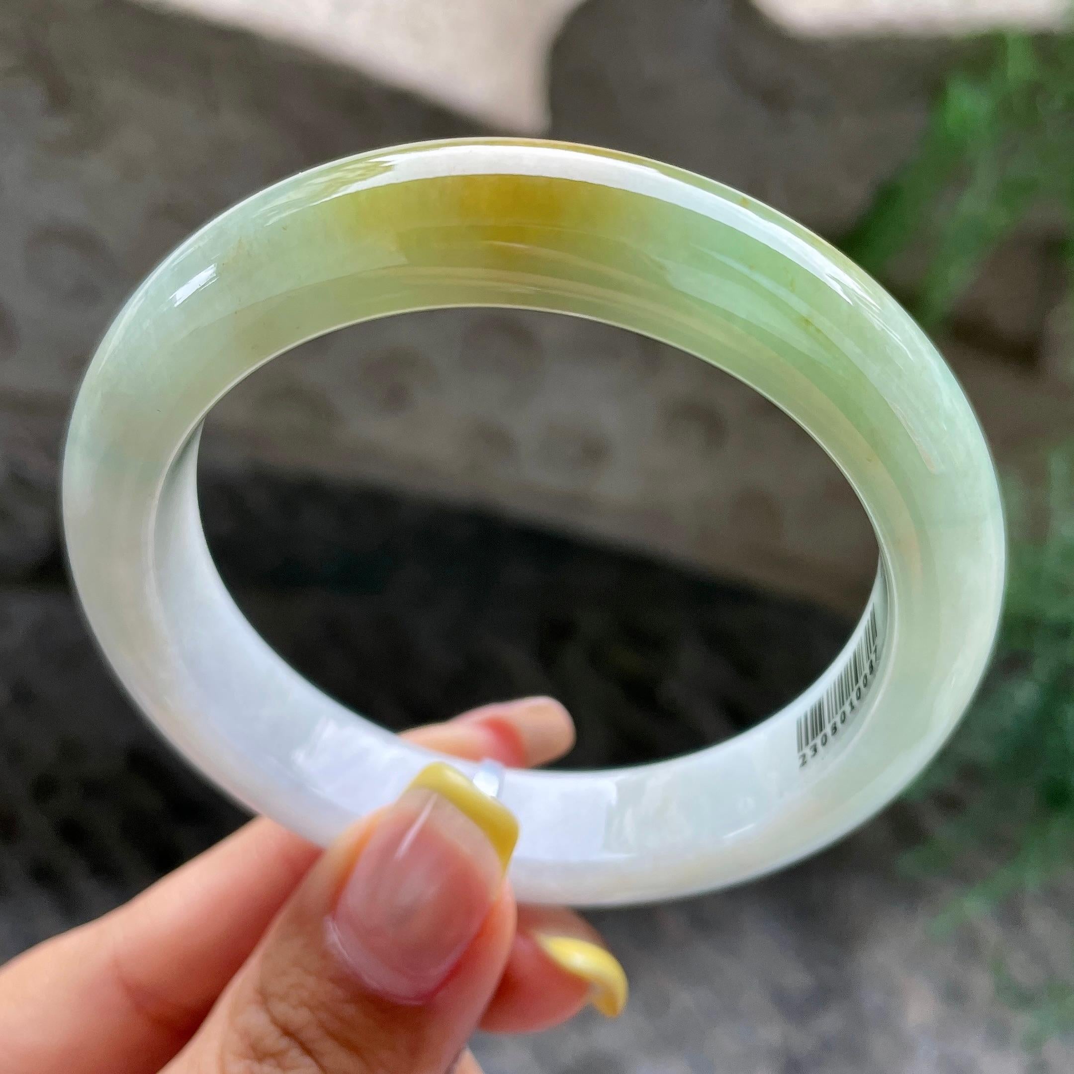 细糯种飘黄翡正圈平安镯57.1圈           天然缅甸A货翡翠（yc392729）