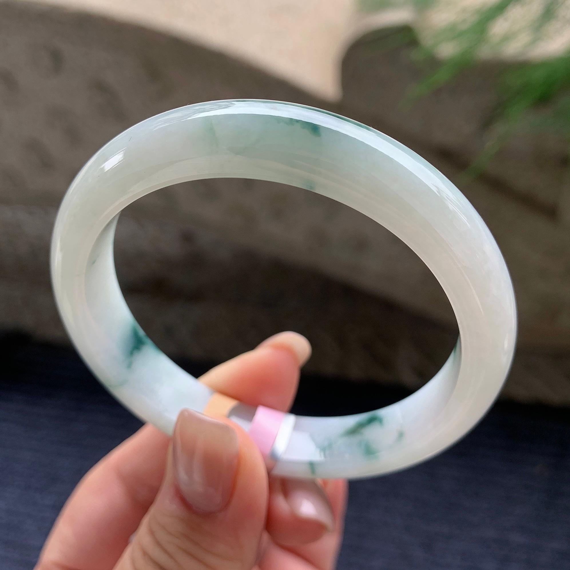 细糯种飘蓝花正圈平安镯  57圈口  天然缅甸A货翡翠（yc405536）