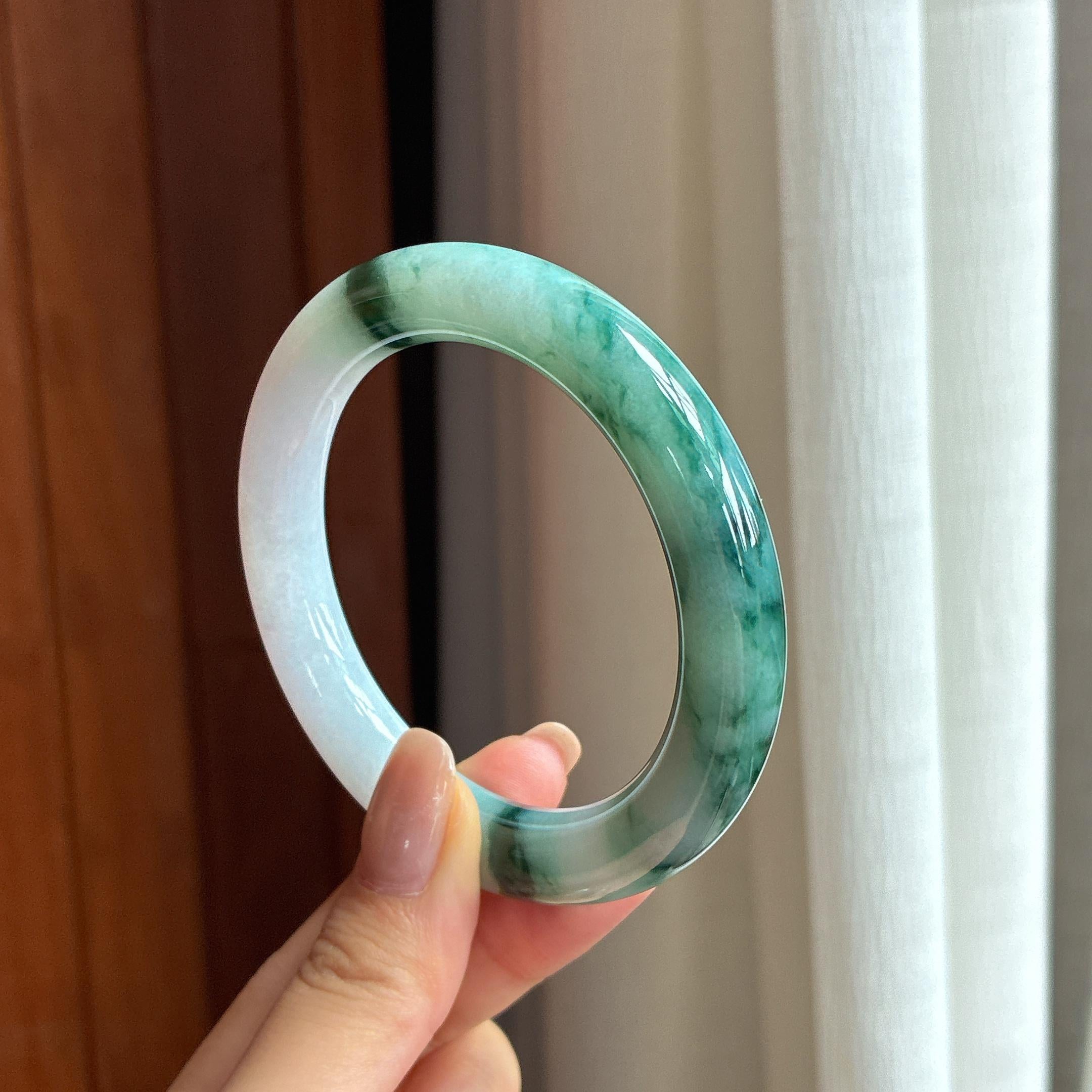 糯种飘花翡翠圆条手镯 56圈天然缅甸A货翡翠（yc438206）