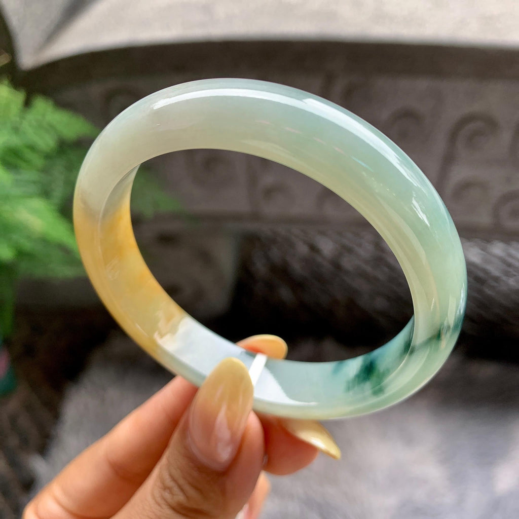 细糯种黄翡飘花正圈平安镯55圈 天然缅甸A货翡翠（yc481904）