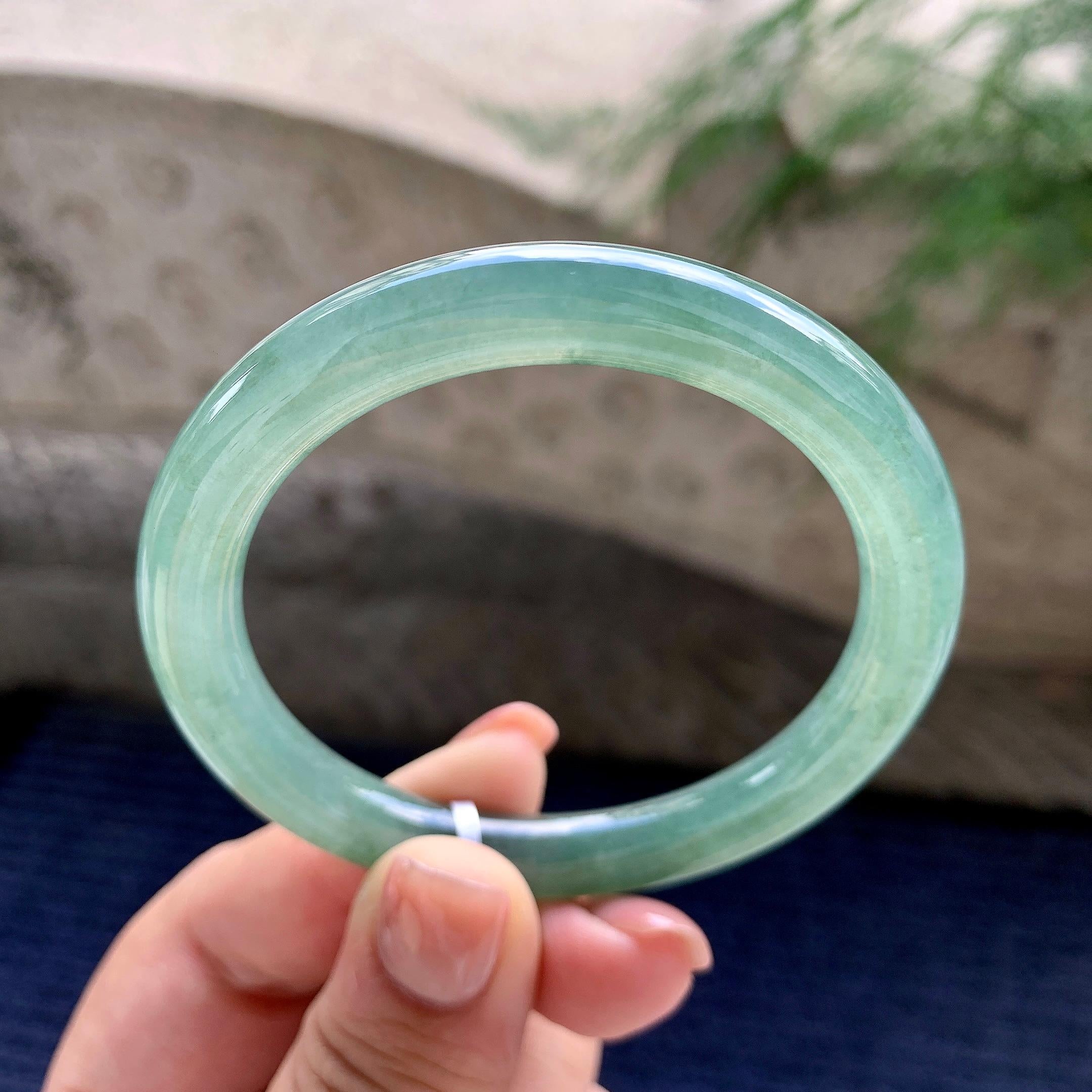 糯冰种蓝水圆条手镯 53圈口 天然缅甸A货翡翠（yc483938）
