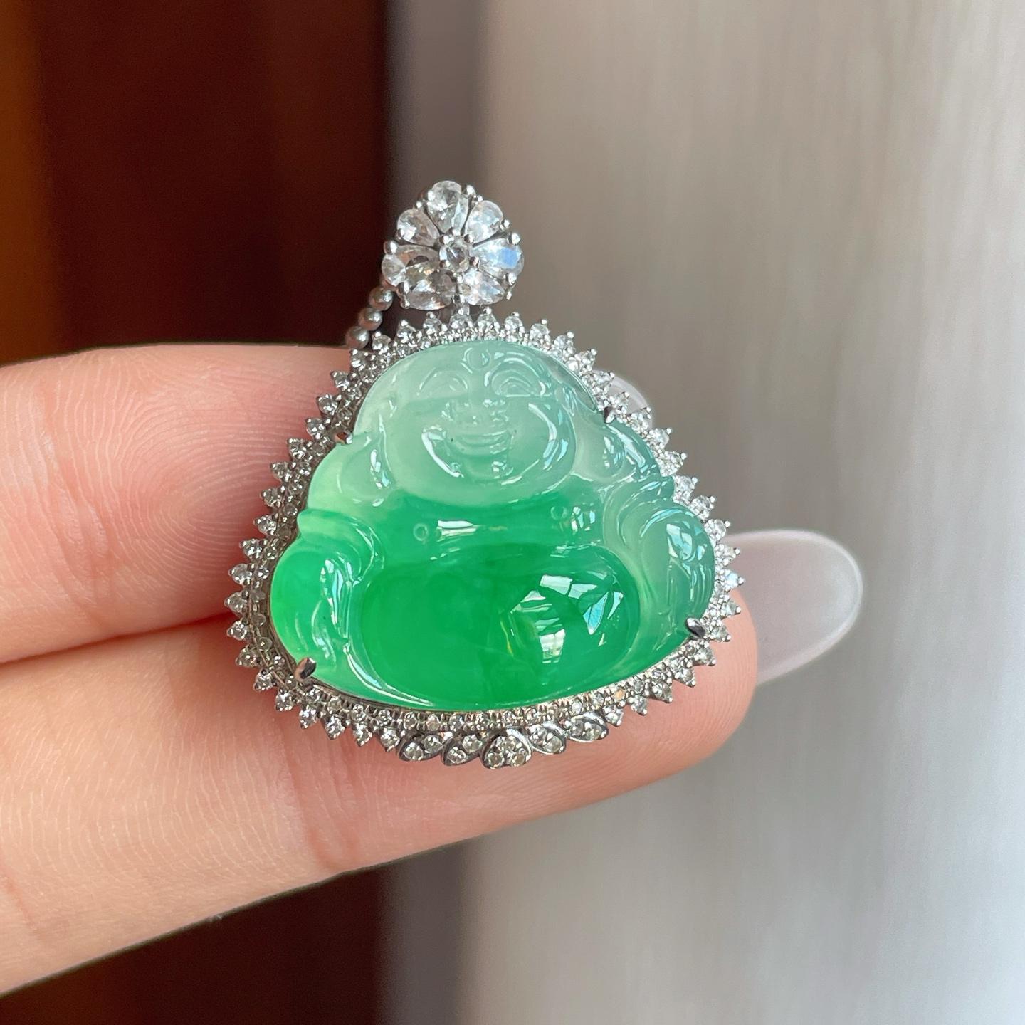 18k金钻镶糯冰带色翡翠佛公（yc257847）