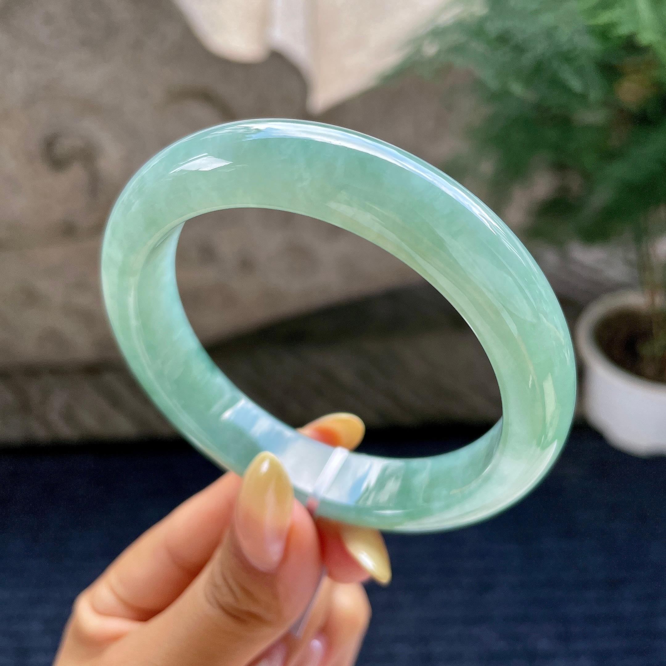 大圈口 细糯种湖水绿正圈平安镯59.4圈 天然缅甸A货翡翠（yc483953）