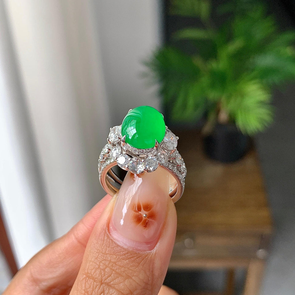 18k金钻镶冰种满绿蛋面戒指（两用款）（yc257225）