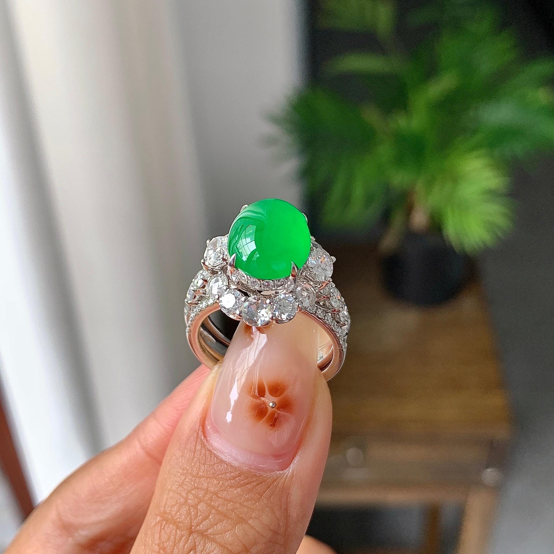 18k金钻镶冰种满绿蛋面戒指（两用款）（yc257225）