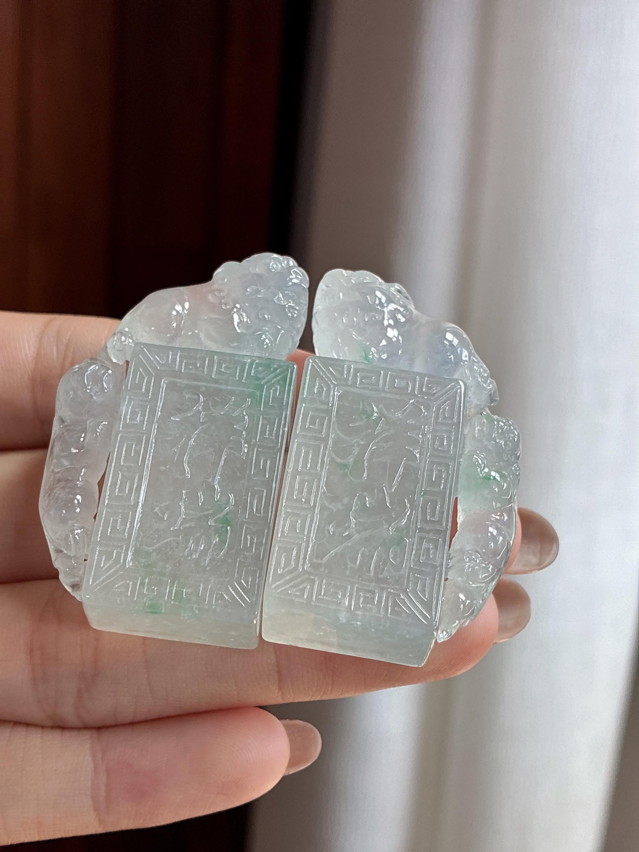 冰种飘绿花貔貅印章 天然缅甸A货翡翠(一对)（yc456284）