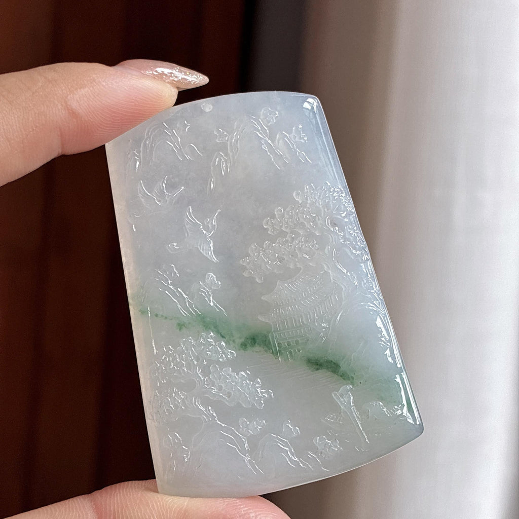 糯冰飘花山水牌挂件 天然缅甸A货翡翠（yc459918）