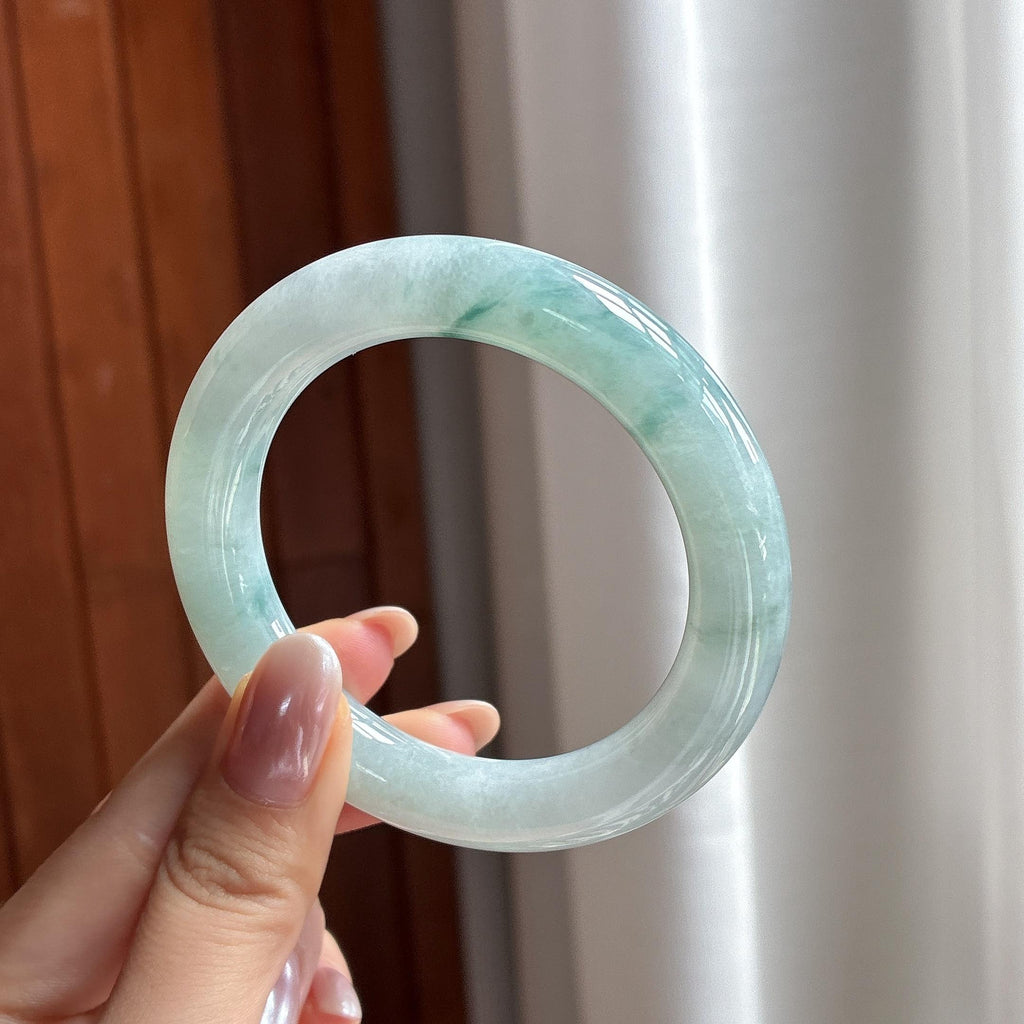 糯冰飘花圆条手镯 53圈 天然缅甸A货翡翠（yc697789）
