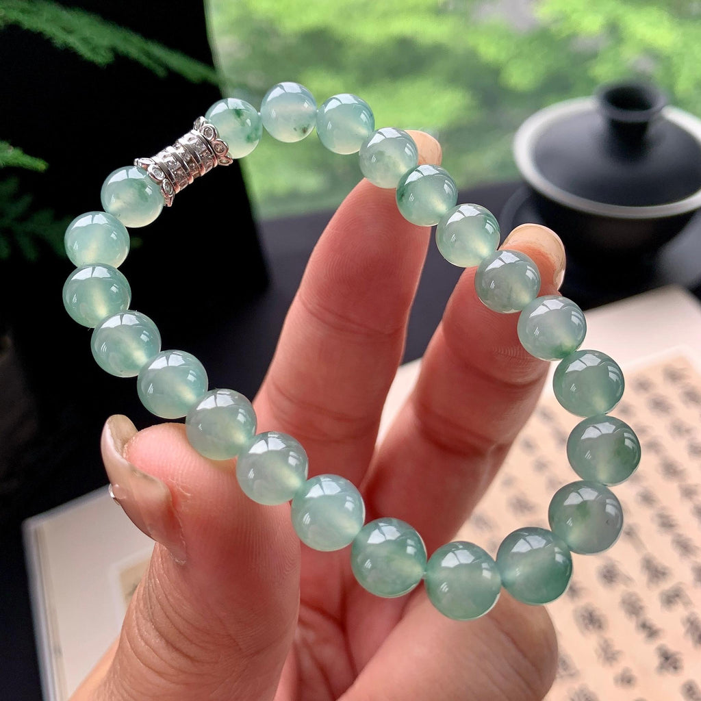 糯冰种晴底飘花手串 天然缅甸A货翡翠（yc473096）
