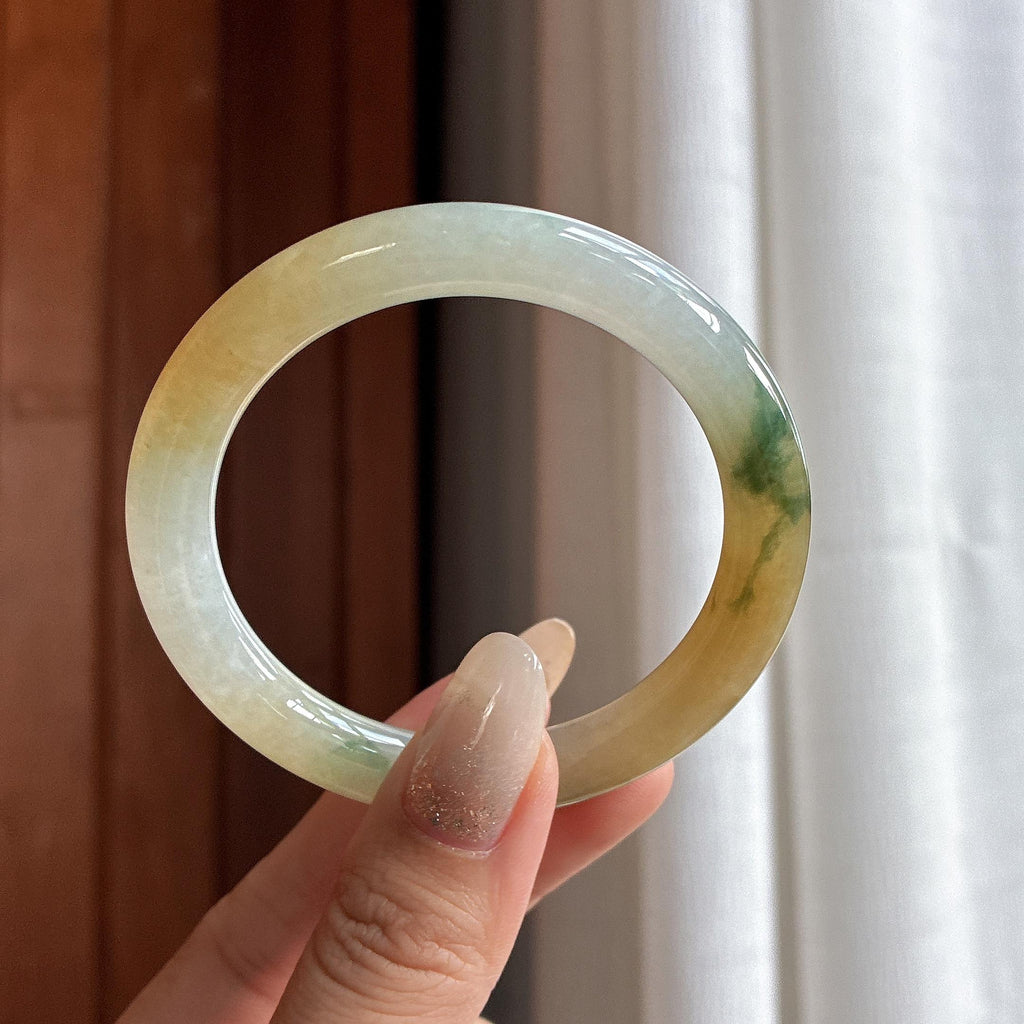 糯冰飘花黄翡特色圆条手镯 52圈 天然缅甸A货翡翠（yc484800）