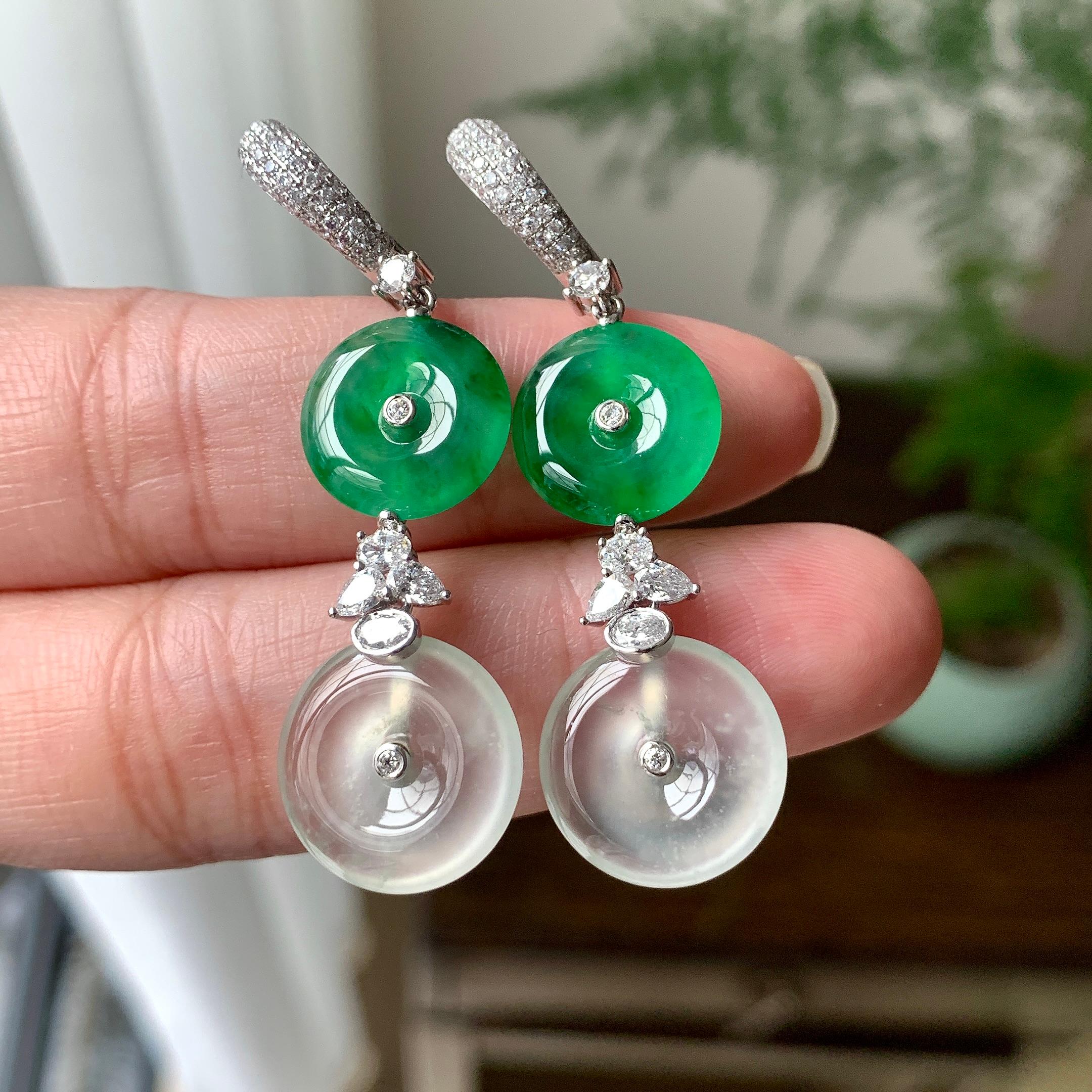 18K金钻镶糯冰种满绿平安扣耳坠（yc253819）