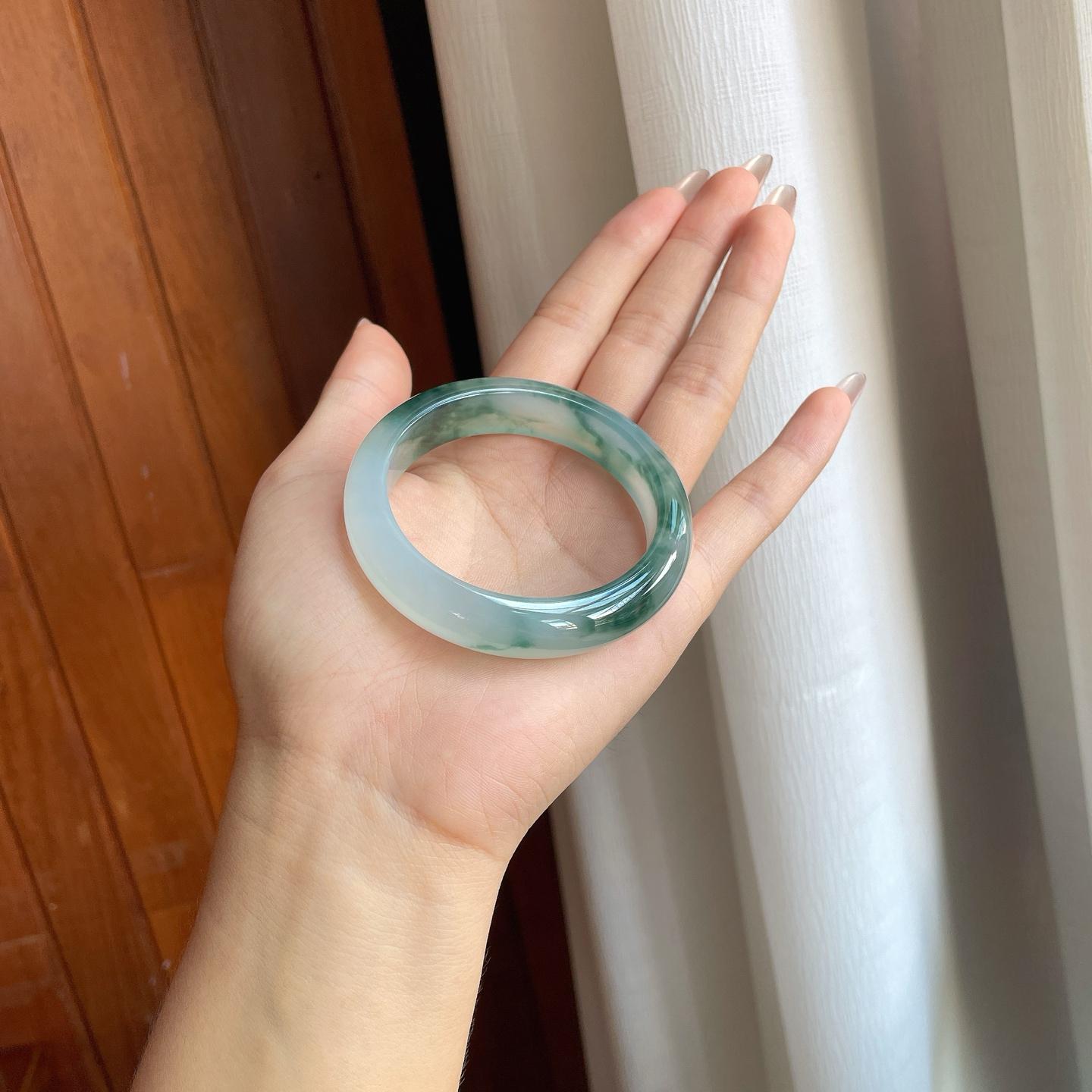 冰种飘蓝花翡翠平安镯（53mm）（yc228073）