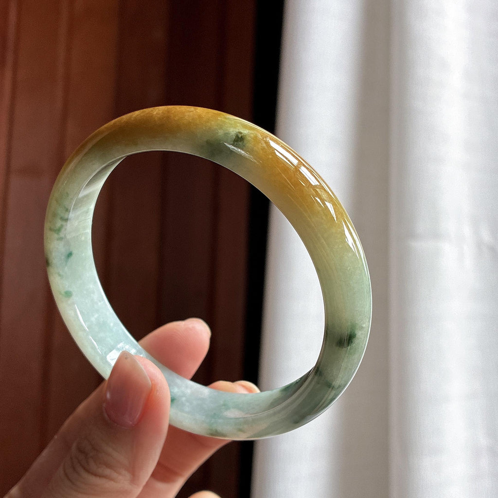 细糯种黄翡特色飘花正圈平安镯 63圈 天然缅甸A货翡翠（yc482224）