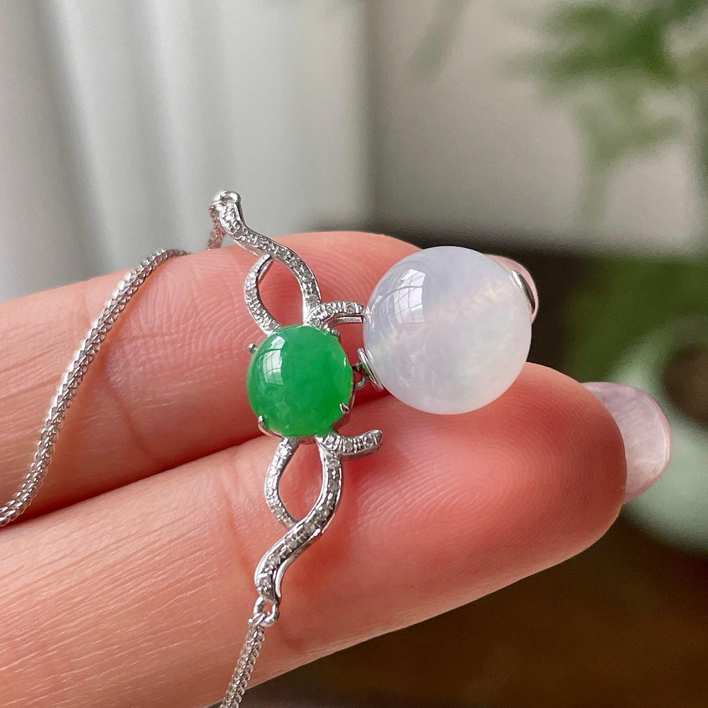 18k金钻镶糯冰种无色圆珠项链   天然缅甸A货翡翠（yc319028）