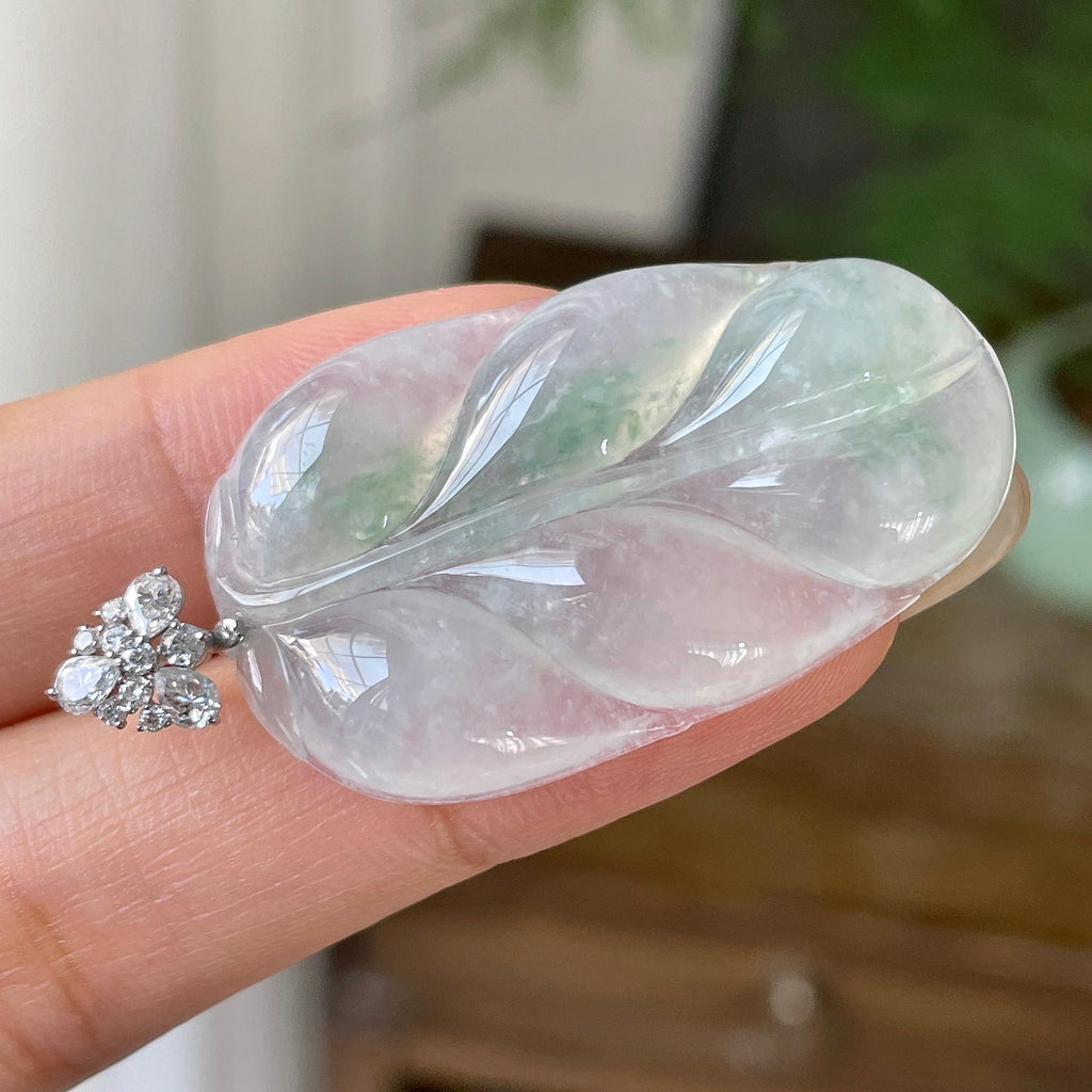 18k金钻镶糯冰种飘花叶子吊坠    天然缅甸A货翡翠（yc355320）