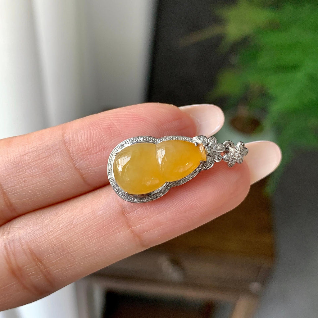 18k金钻镶糯冰种黄翡葫芦吊坠（yc194554）