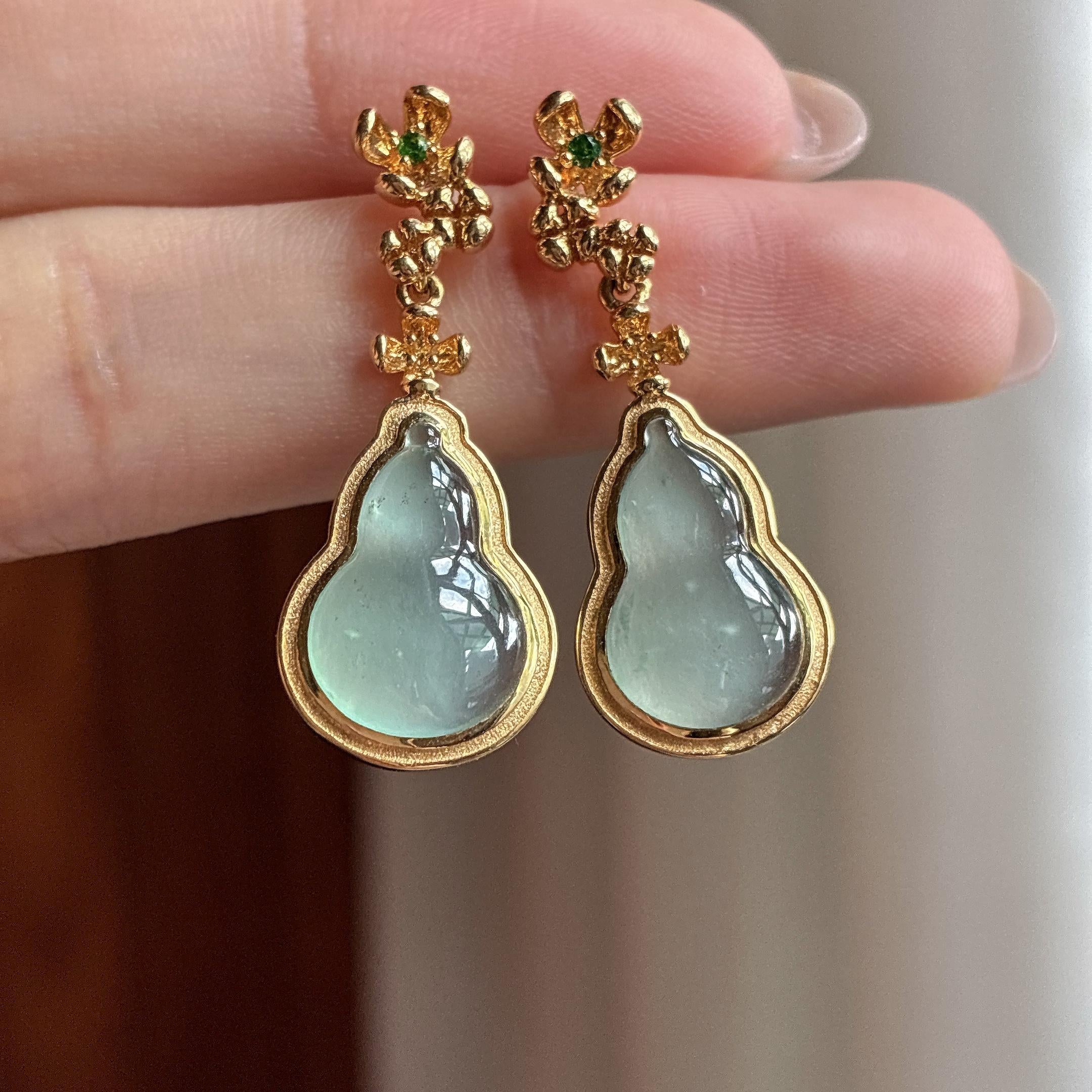 18k金镶冰种晴底葫芦耳饰 天然缅甸A货翡翠（yc525662）