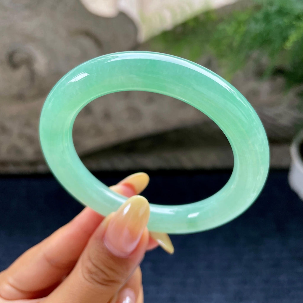 小圈口 细糯种翠绿圆条手镯53.6圈 天然缅甸A货翡翠（yc489324）