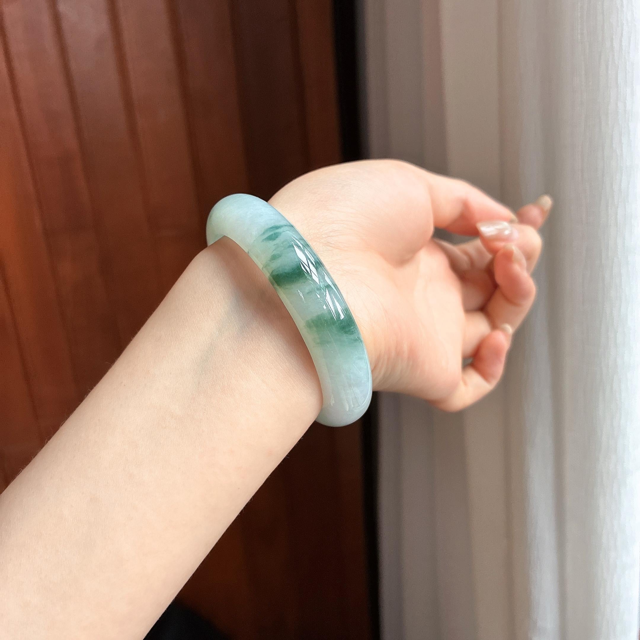 糯冰飘花正圈平安镯 52圈 天然缅甸A货翡翠（yc463289）