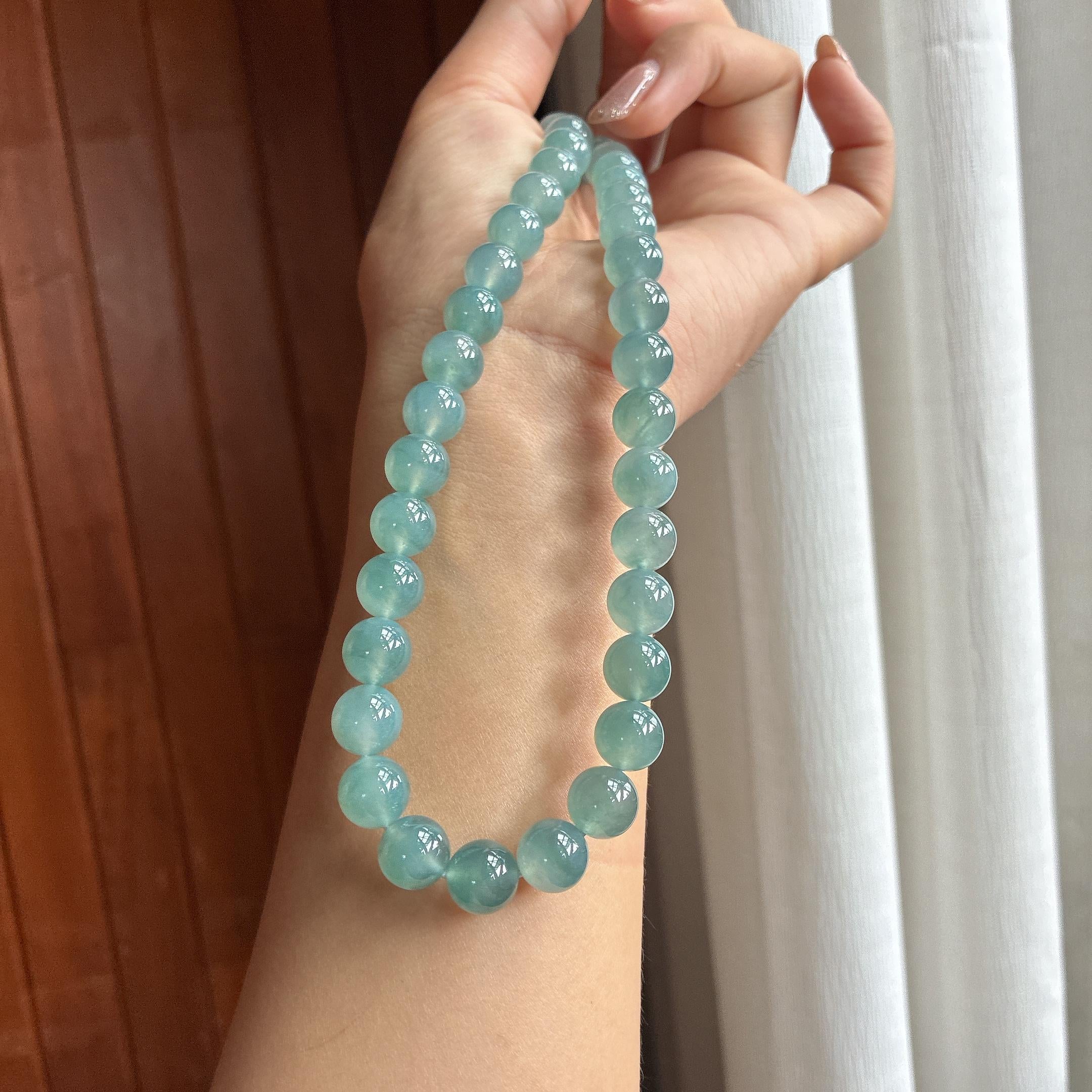 Vòng cổ hạt ngọc bích phủ băng lam xanh hoa trôi nổi Ngọc phỉ thúy tự nhiên hạng A Myanmar (yc451542)