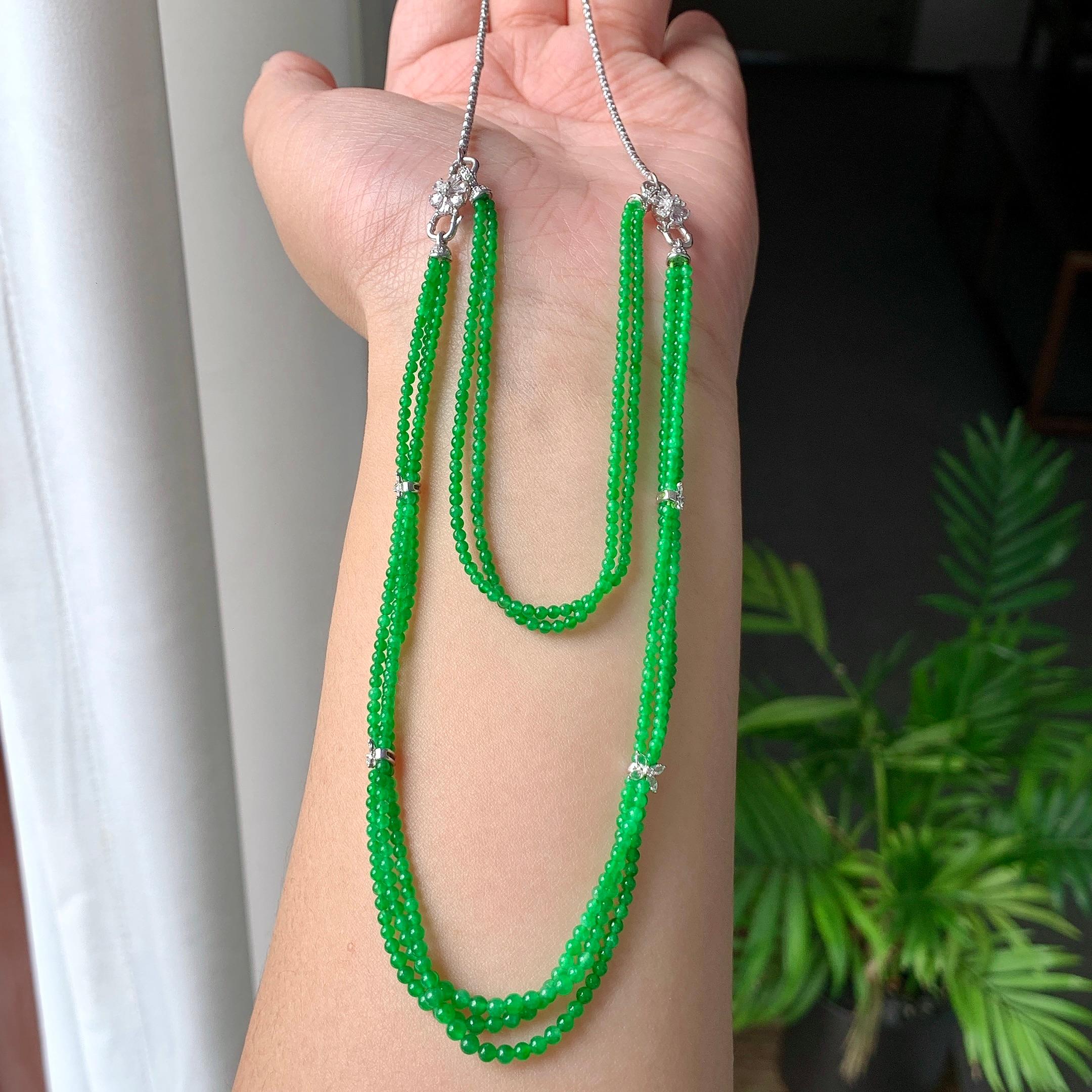 18K金钻镶糯冰种满绿小米珠链/手链（两用款）（yc252061）